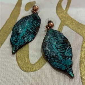Teal Enamel Leaf Textured Drop Post Pierced Earrings